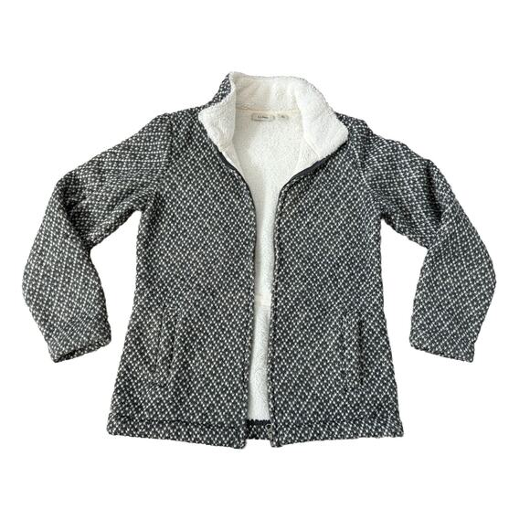 LL Bean Zip Sweater Jacket Womens Small Sherpa Lined Cinch Waist Gray Birds Eye - Picture 1 of 11